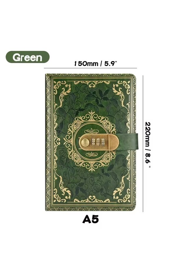 Green Retro Digital Password Notebook Journal With Lock A5,Diary Perfect for Men and Women-PU Leathe