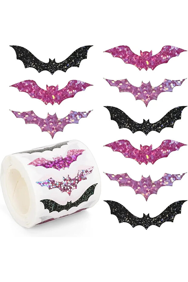 H0039-02 500pcs Halloween Bat Stickers Roll Laser Black Bat Waterproof 3D esigns Glitter Self-Adhesi