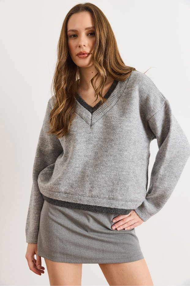 Women's Gray Collar and Skirt Detailed Knitwear Sweater Kzk-19001097