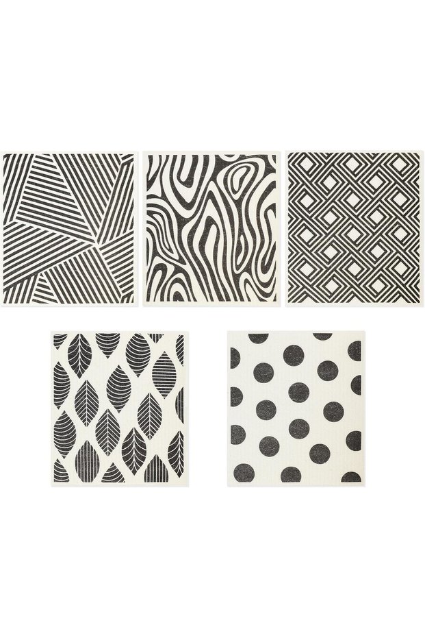 Swedish Dishcloths Pack of 5 - Reusable Cellulose & Cotton Kitchen Cloths (Black & White)