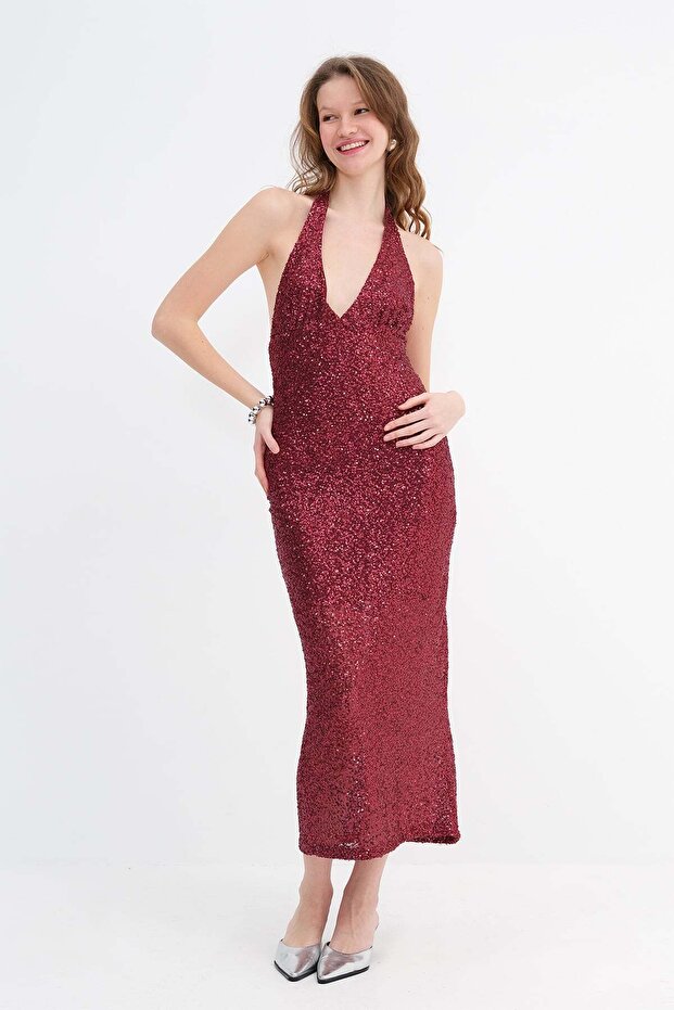 Sırt Dekolteli Pullu Elbise E198 - 1