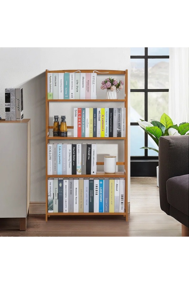 OneDcor Bamboo Bookshelf Cabinet | Freestanding Wooden Bookcase Storage Organizer