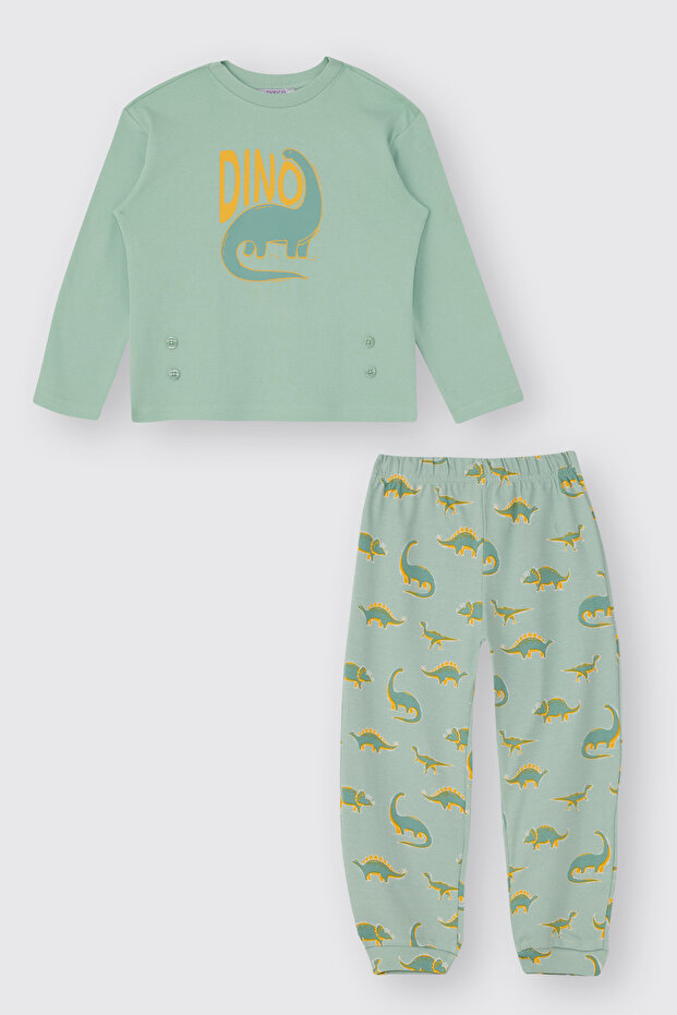 Boy's Dinosaur Patterned Turquoise Pajama Set - 3