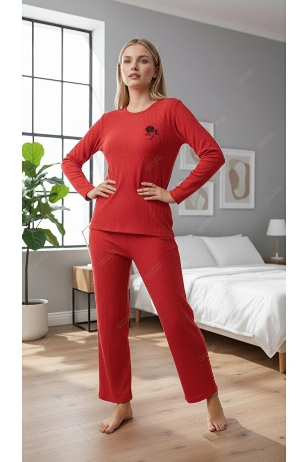 Red Cotton Crew Neck Long Sleeve Pajama Set