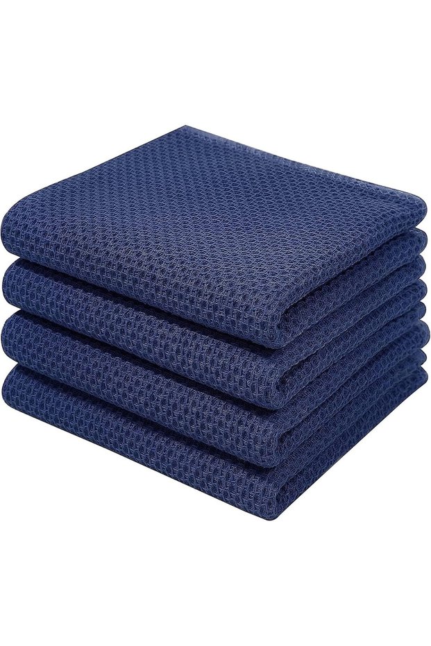 100% Cotton Waffle Weave Kitchen Dish Cloths, 34x34 cm, 4-Pack (Blue)