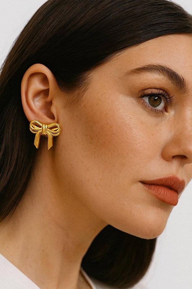 Gold Color Ribbon Figured Steel Earrings
