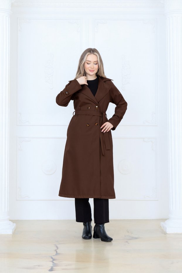 Long Belted 4 Button Women's Trench Coat | Waterproof Tok Fabric – Black / Beige