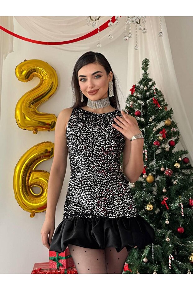✨ Black Sequin Mini Flounce Dress