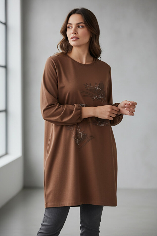Women's Front Stone-Embellished, Six-Stripe, Crystal, Two-Ply, Seasonal Combed Cotton Tunic