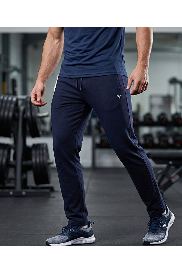 Men's Navy Blue Jogger Sports Sweatpants with Elastic Waist and Lace-Up Zipper Pockets