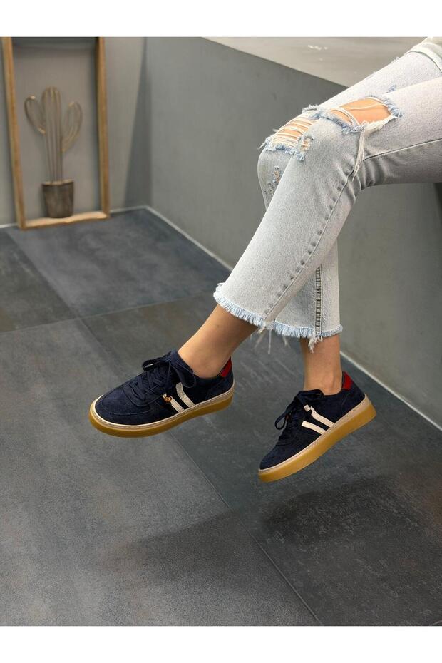 Navy Blue Suede Leather Lace-Up Women's Casual Sports