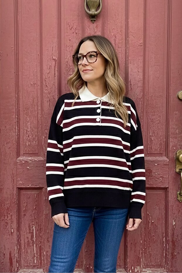 Black Polo Neck Striped Knitwear Sweater