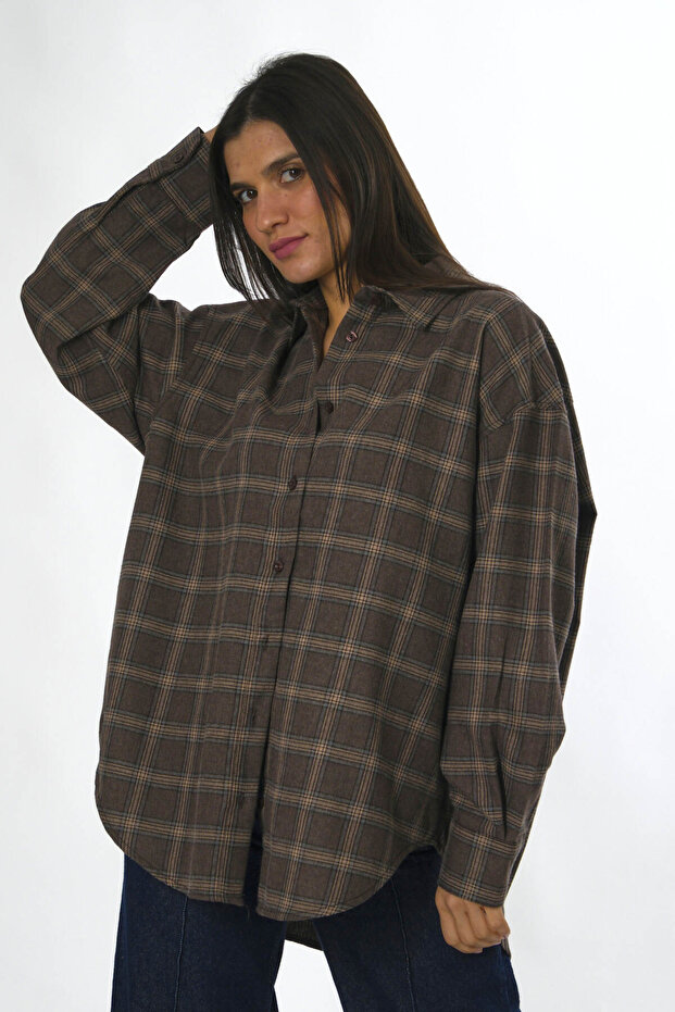 Kadın Oversize Ekose Gömlek - 4