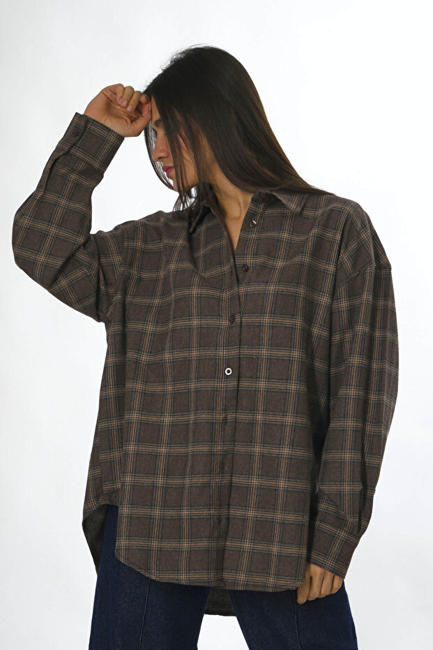 Kadın Oversize Ekose Gömlek - 5