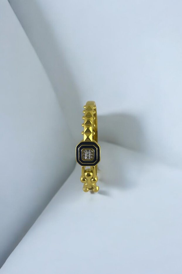 Cuff Bracelet Gold Color Black Enamel and Baguette Stone Cuff Steel - Modern Geometric Design