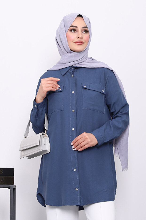 Indigo Double Pocket Tunic with Epaulettes on the Shoulders