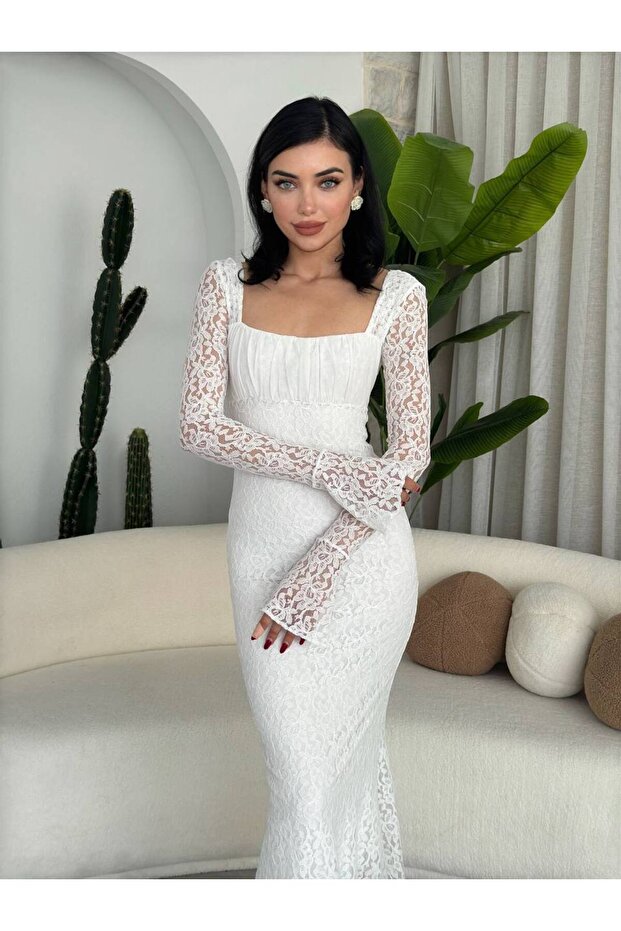 Drape Yaka Dantel Balık Elbise - 7