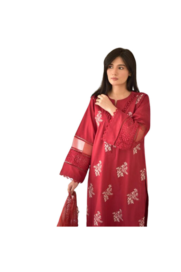 Red Roman Silk Kameez Salwar Set - HRT3812 | Red