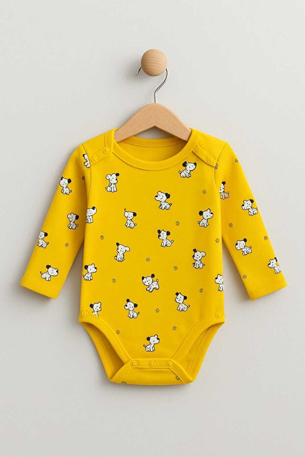 بيبي بادي من القطن مطبوع الممشط بأكمام طويلة مع أزرار كبس في الأسفل
