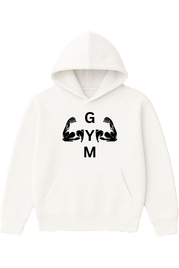 Kaslı Gym Design Printed Oversized White Hooded Sweatshirt