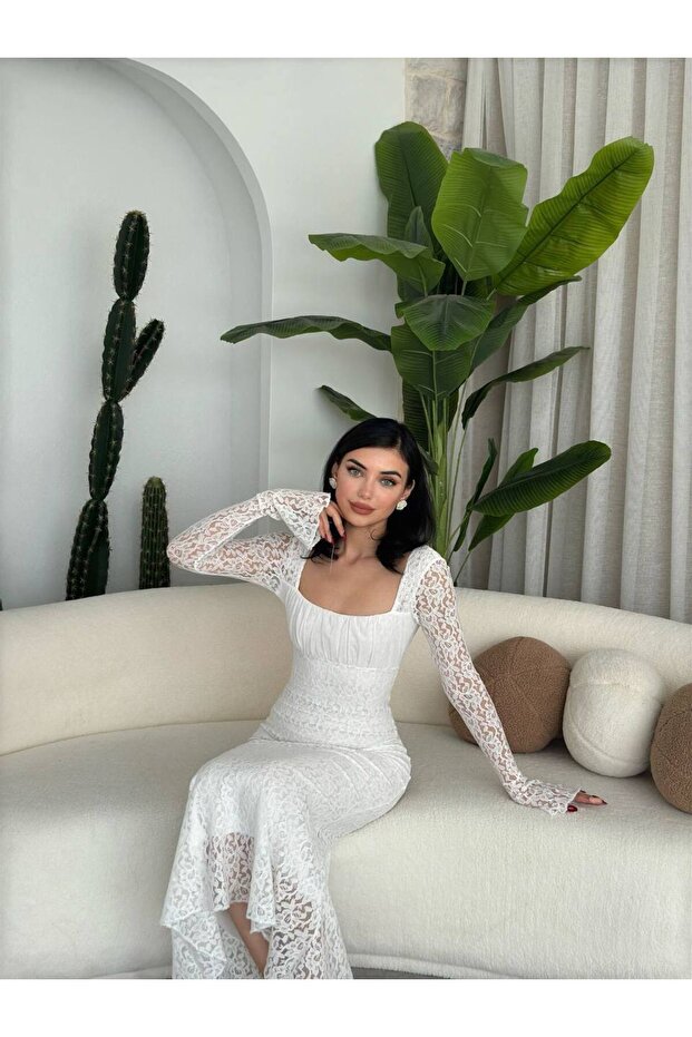 Drape Yaka Dantel Balık Elbise - 3