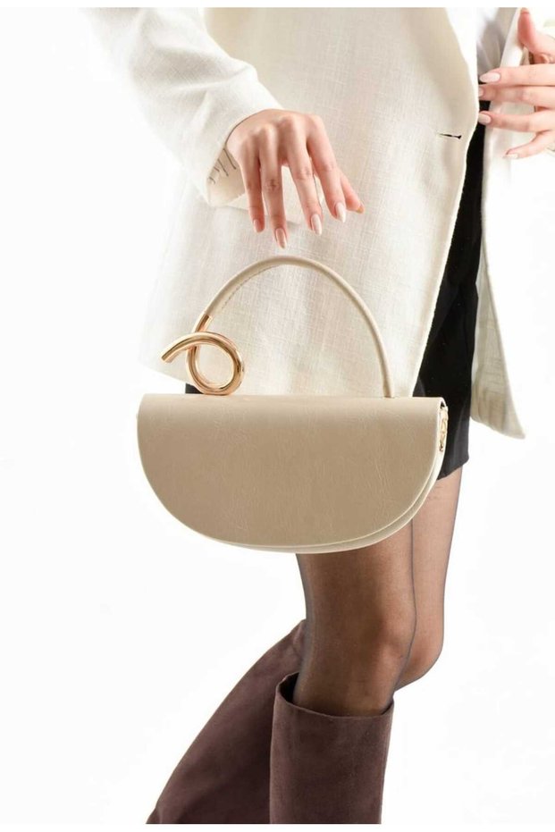 Women's Leather Special Design Hand and Shoulder Bag with Handle Detail in Mink Color