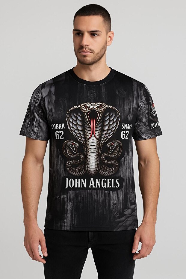 Crew Neck Printed Stone T-Shirt - Black