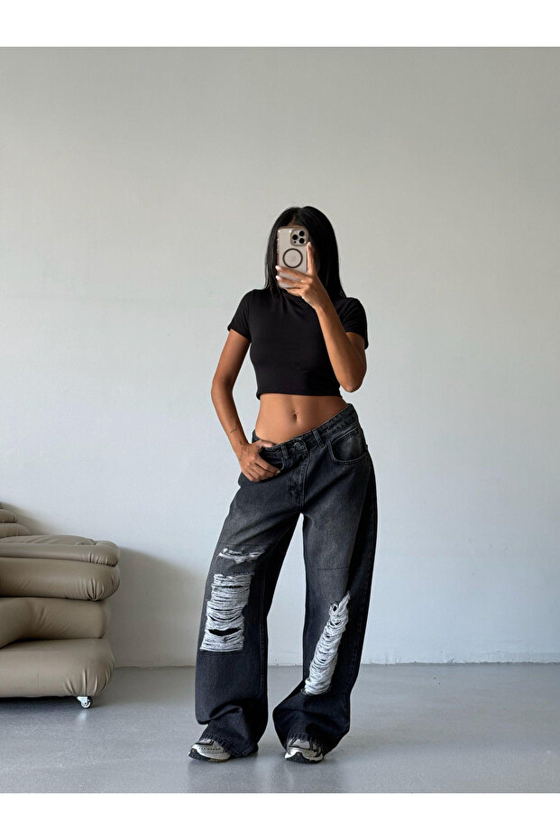Black Wide Leg Jeans with Extreme Ripped Detail