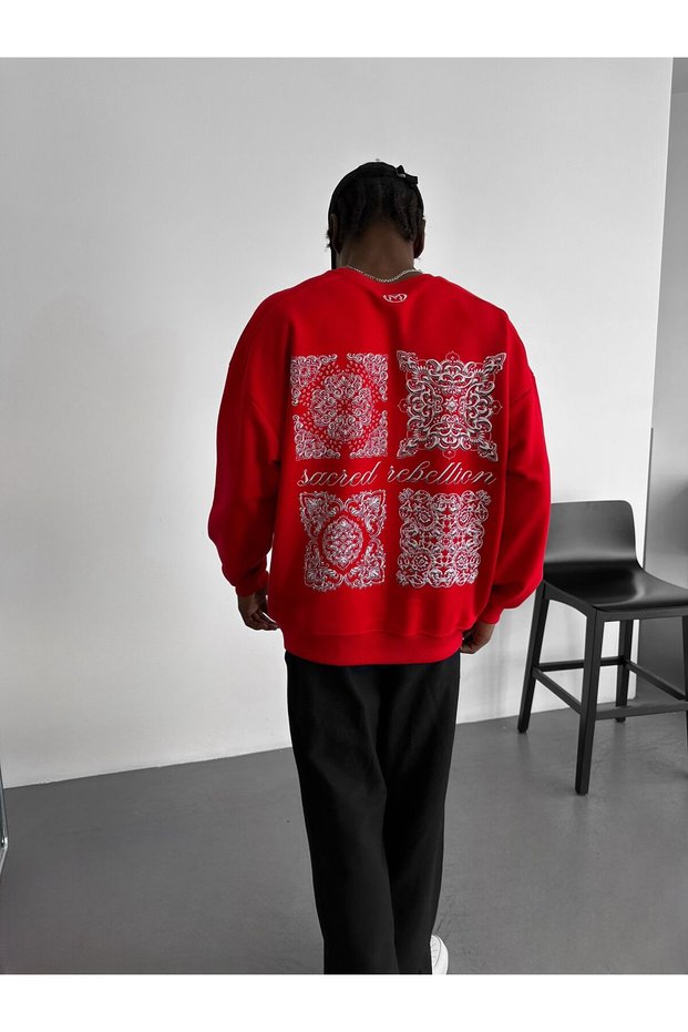 Men's Oversized Bandana Patterned Sweatshirt Sacred Rebellion Printed Crew Neck 5 Colors