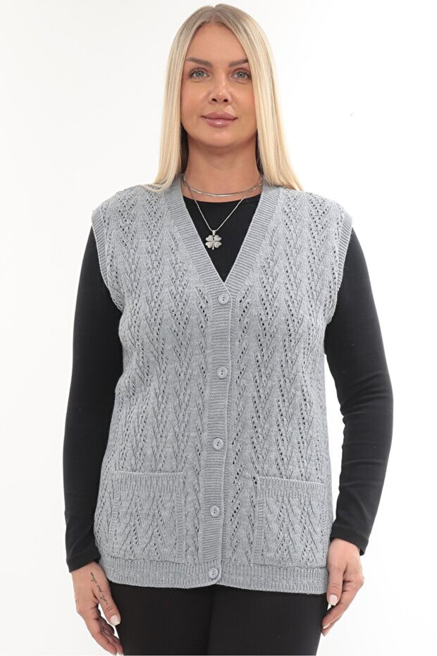 Women's V-Neck Thick Wool Houndstooth Pattern Knitwear Buttoned Pocketed Mother Vest Noble
