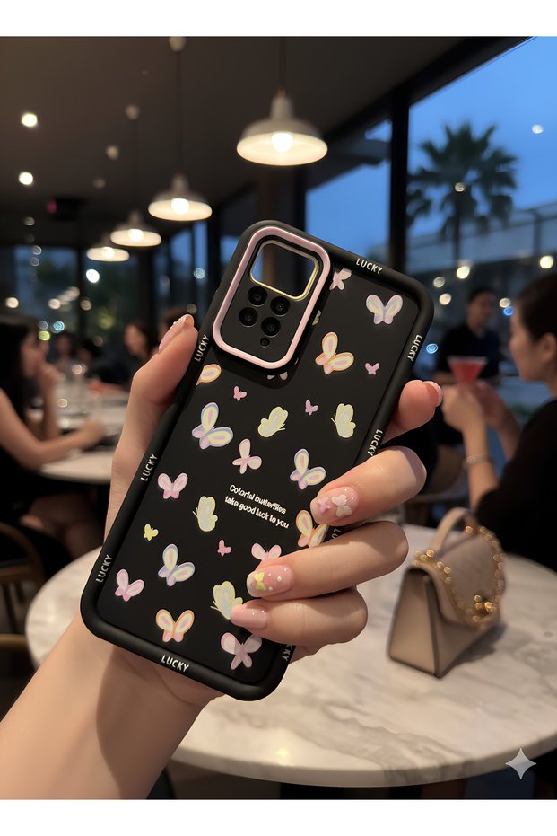 Black Background Butterfly and Colorful Lens Frame Case for Redmi Note 11 Pro and Redmi Note 12 Pro 4g