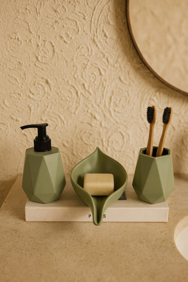 Decorative Green Color 3 Pieces Geometric Pattern Bathroom Set Liquid Soap Dispenser Solid Soap Holder Toothbrush Holder