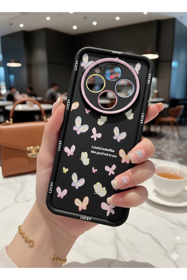 Lucky Design Case with Black Ground Butterfly and Colorful Lens Frame for Xiaomi Redmi 14C