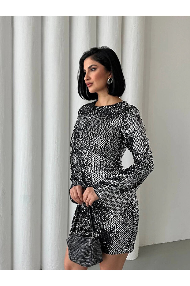 Payetli Midi Elbise Gümüş - 5