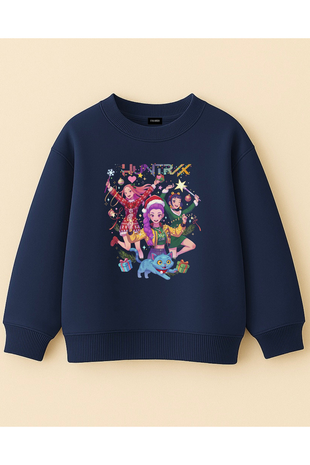 Kpop Demon Hunters Huntrix Rumi Zoey Mira New Year's Themed Printed Oversized Girls' Sweatshirt