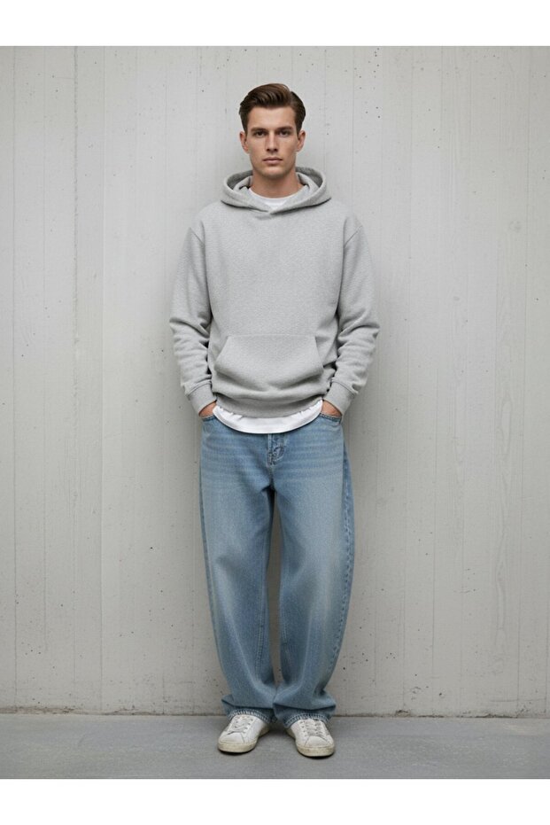 Uzun Kollu Kapüşonlu Basic Gri Sweatshırt - 1