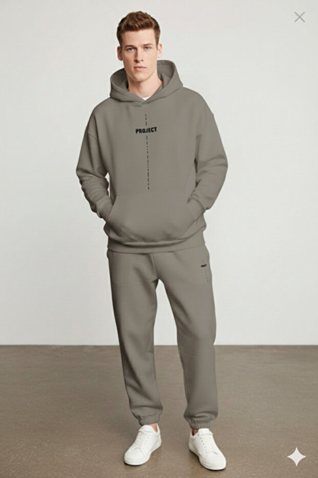 Project Men's Print Detailed Oversized Three Thread Hooded 100% Organic Cotton Tracksuit - Bottom and Top Set