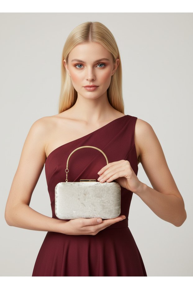 Beige Gold Detailed Luxury Wavy Velvet Women's Evening Dress Bag