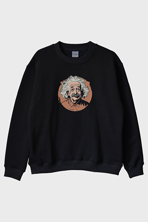Albert Einstein Portrait Printed Design Black Crew Neck Sweatshirt