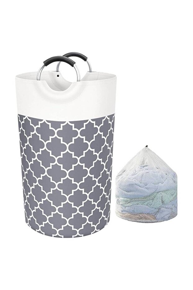Laundry Basket 82L Foldable Hamper with Mesh Washbag (Grey Round)