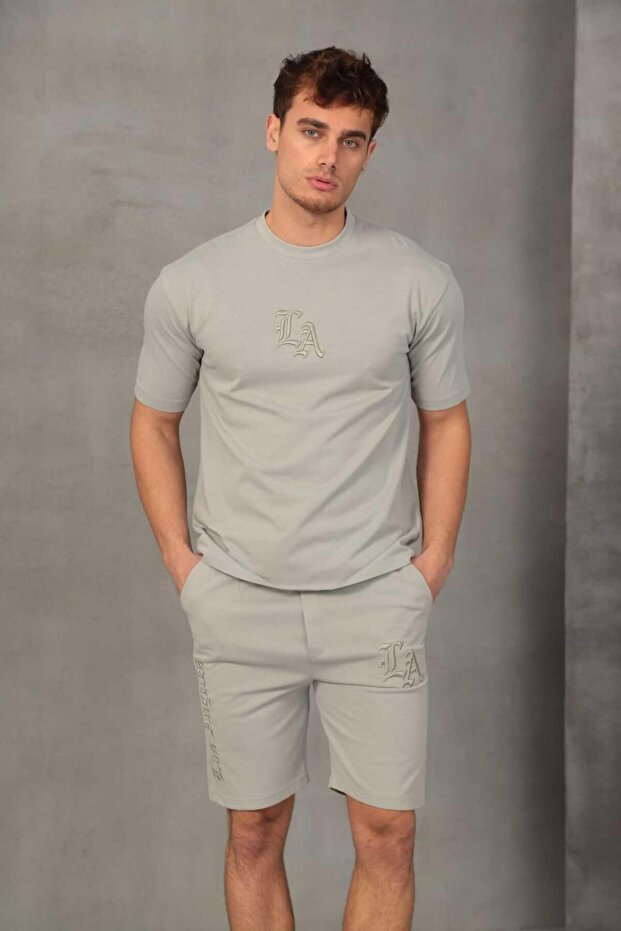طقم شورت رجالي أساسي مطرز - رمادي - 1