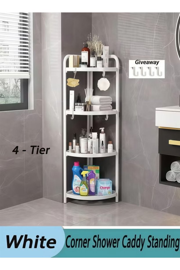 4-Tier Corner Rack - Corner Shower Basket Stand - Rust-Resistant Floor Organizer with 4 Hooks
