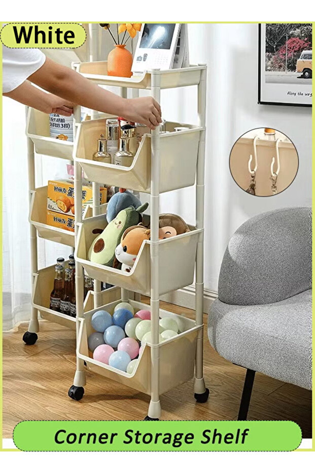 Four-tier plastic rolling storage cart with handle, multifunctional mobile organizing rack