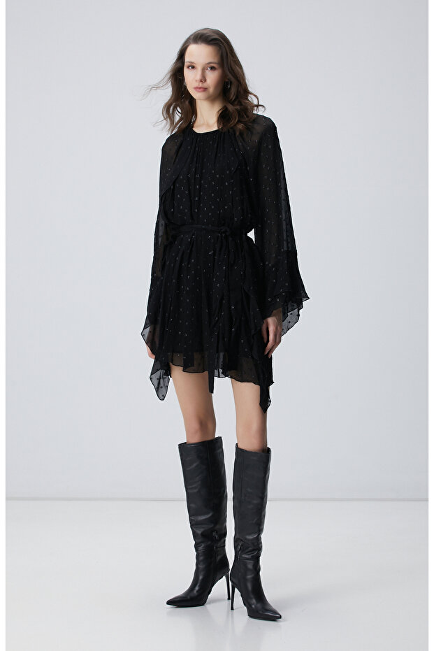 Siyah Desenli Mini Elbise - 1