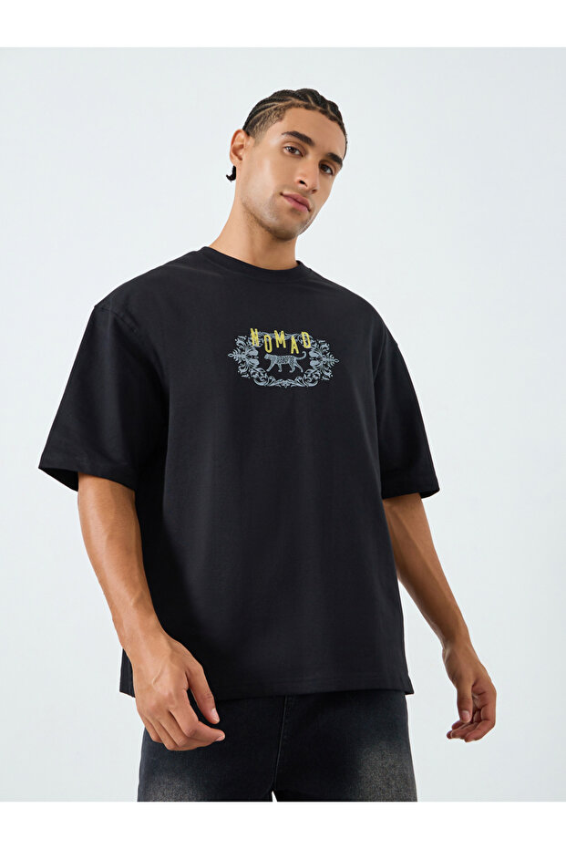 Men Black Oversized Retro Ornate Printed T-Shirt