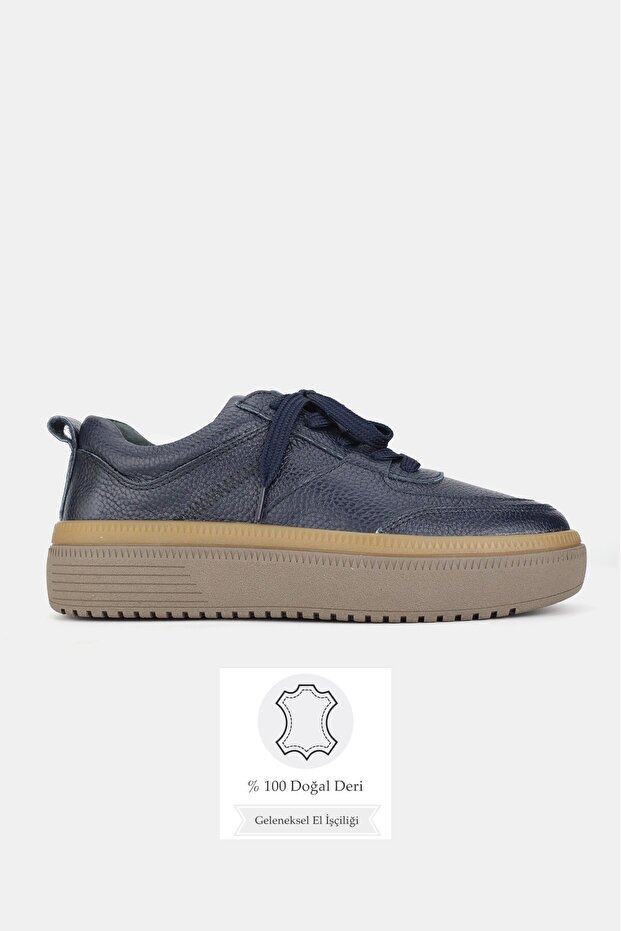 Women's Dark Blue Genuine Natural Leather Size 36-41 Lace-Up Sneaker Shoes