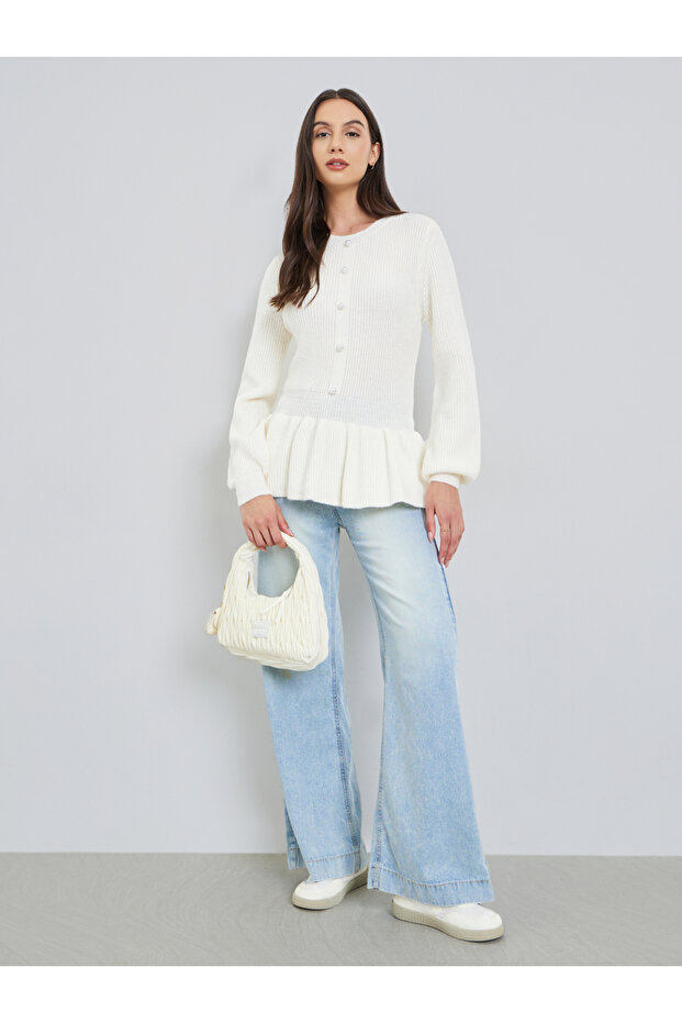 سترة صوفية سادة بأزرار أمامية وحافة مكشكشة - 2