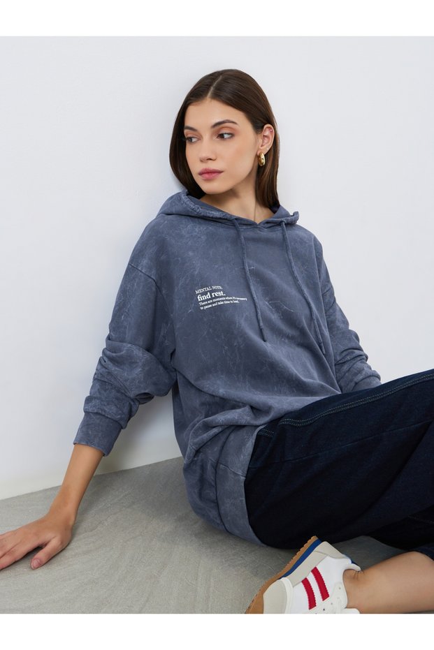 Women Acid Wash Relaxed Fit Longline Hoodie