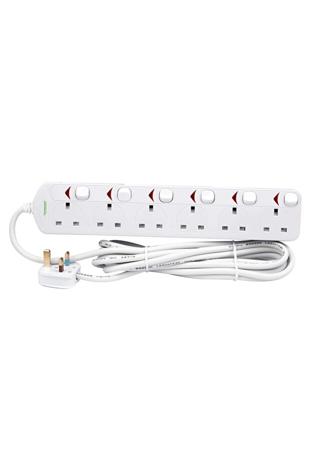 Terminator 6 Way UK Power Extension Socket With Individual Switches 5M 1.25mm2 Cable 13A Plug