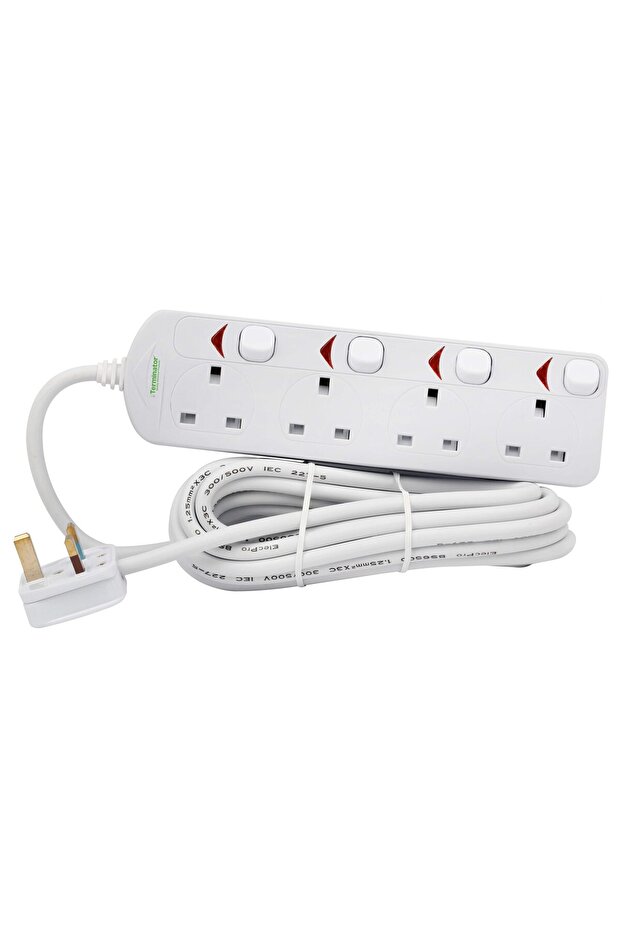 Terminator 4 Way UK Power Extension Socket With Individual Switches 3M 1.25mm2 Cable 13A Plug